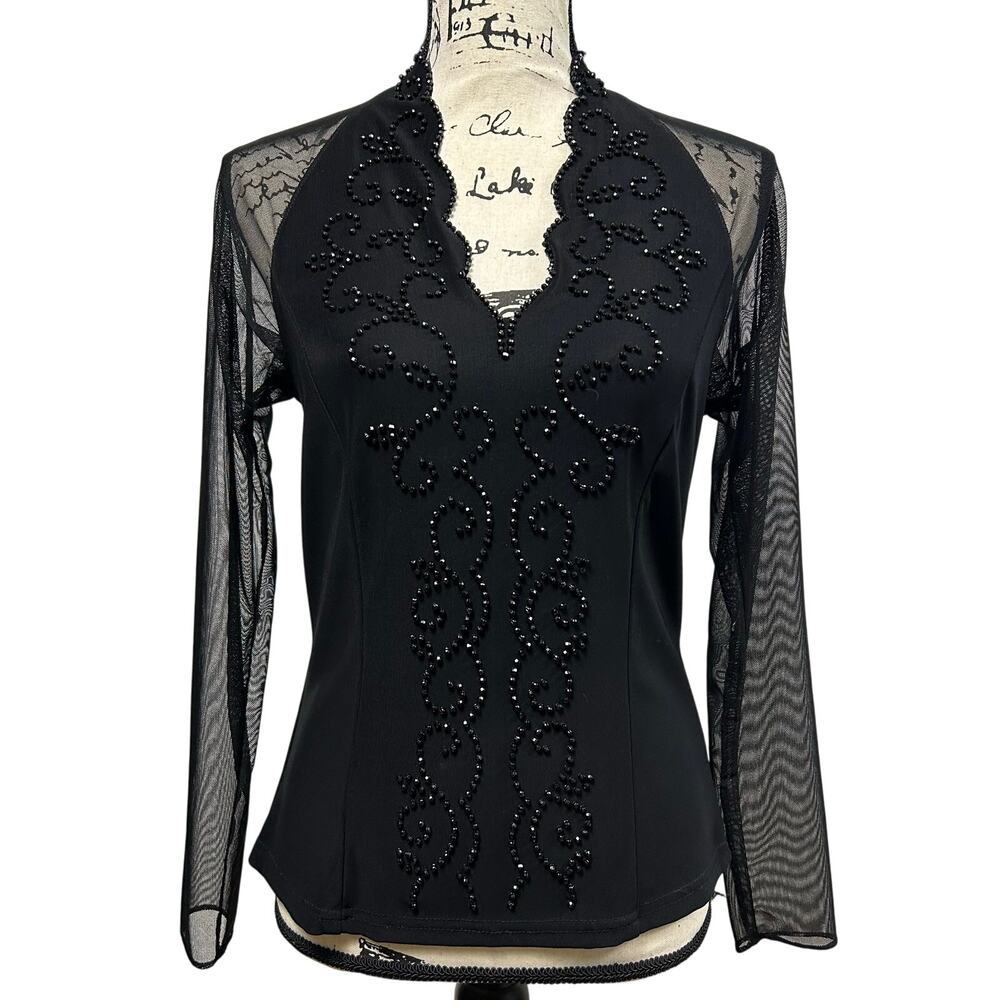 Vintage Beaded Blouse Black Sheer Long Sleeve Deep V-Neck Shirt Scallop Date